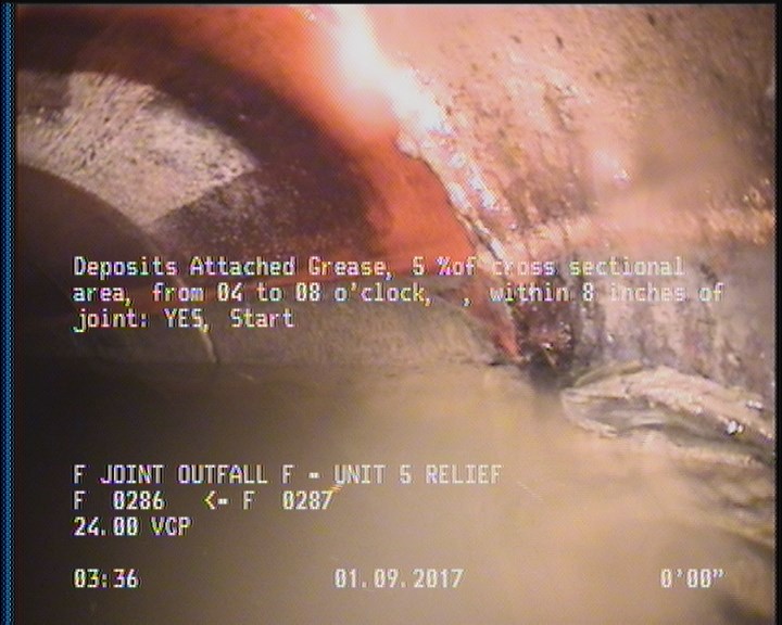 Deposits Attached Grease, 5 %of cross sectional area, from 04 to 08 o'clock, , within 8 inches of joint: YES, Start