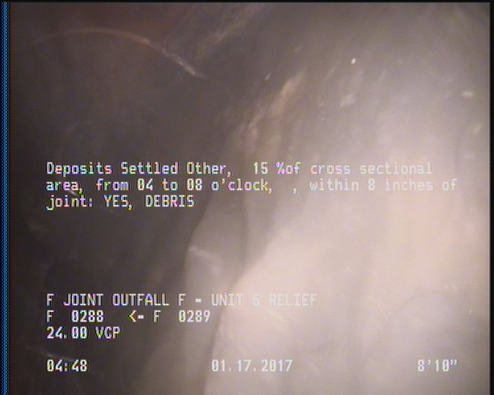 Deposits Settled Other, 15 %of cross sectional area, from 04 to 08 o'clock, , within 8 inches of joint: YES - DEBRIS
