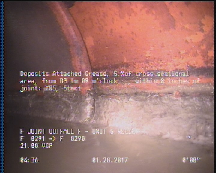 Deposits Attached Grease, 5 %of cross sectional area, from 03 to 09 o'clock, , within 8 inches of joint: YES, Start