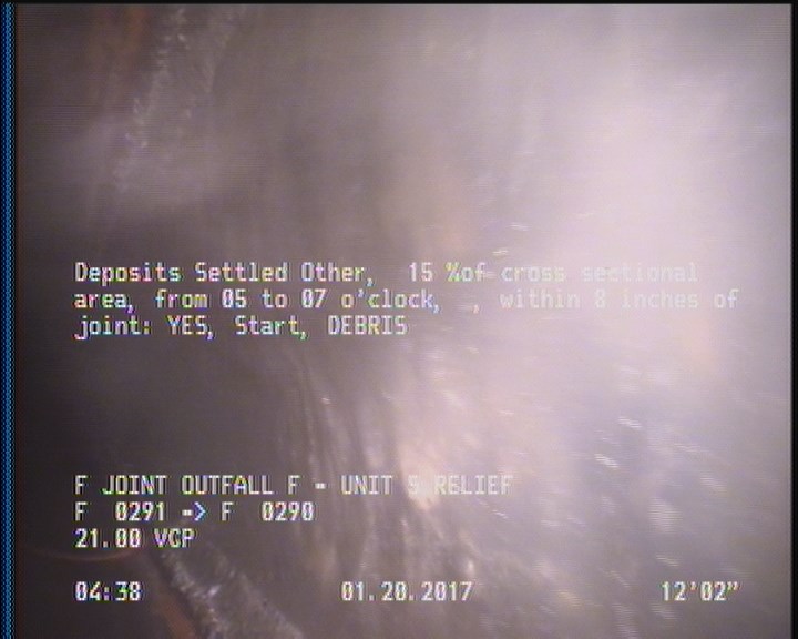 Deposits Settled Other, 15 %of cross sectional area, from 05 to 07 o'clock, , within 8 inches of joint: YES, Start - DEBRIS