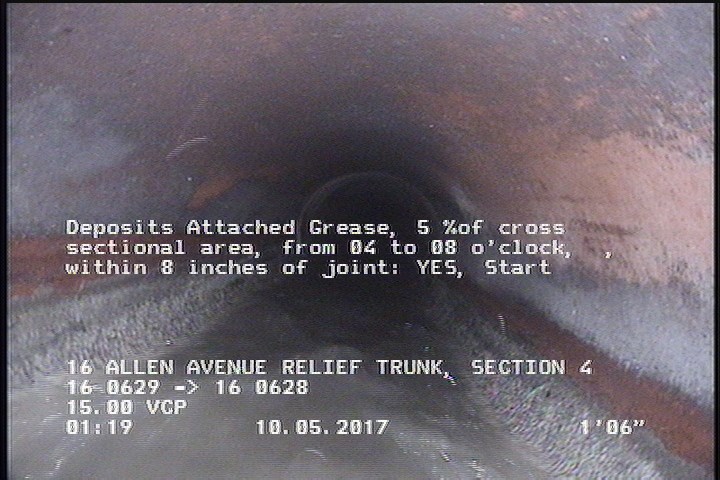Deposits Attached Grease, 5 %of cross sectional area, from 04 to 08 o'clock, , within 8 inches of joint: YES, Start