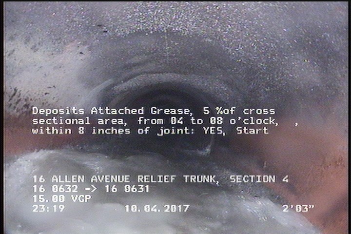Deposits Attached Grease, 5 %of cross sectional area, from 04 to 08 o'clock, , within 8 inches of joint: YES, Start