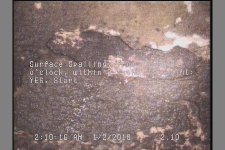 Surface Spalling, from 08 to 04 o'clock, within 8 inches of joint: YES, Start