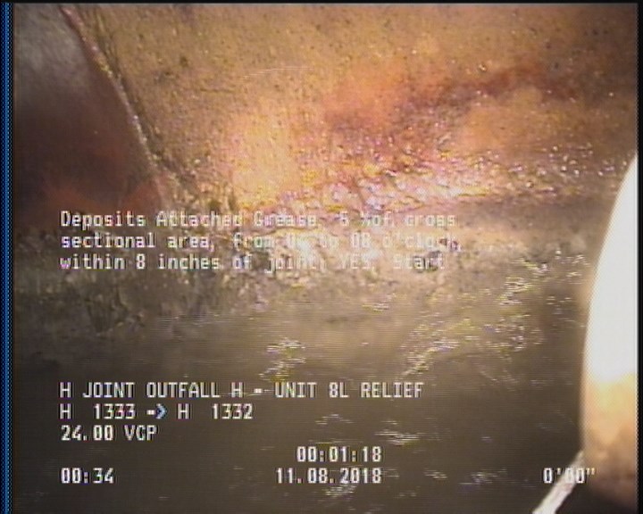Deposits Attached Grease, 5 %of cross sectional area, from 04 to 08 o'clock, , within 8 inches of joint: YES, Start