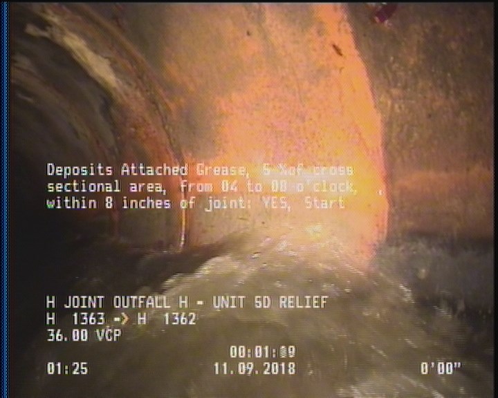 Deposits Attached Grease, 5 %of cross sectional area, from 04 to 08 o'clock, , within 8 inches of joint: YES, Start