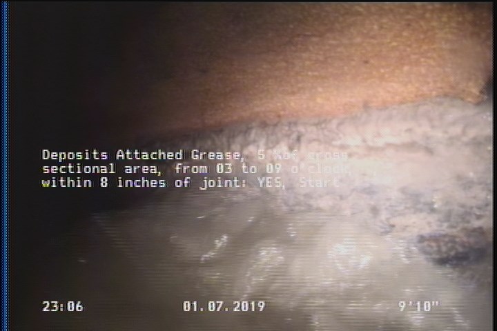 Deposits Attached Grease, 5 %of cross sectional area, from 03 to 09 o'clock, , within 8 inches of joint: YES, Start