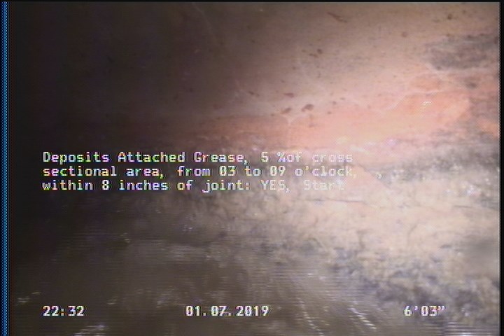 Deposits Attached Grease, 5 %of cross sectional area, from 03 to 09 o'clock, , within 8 inches of joint: YES, Start