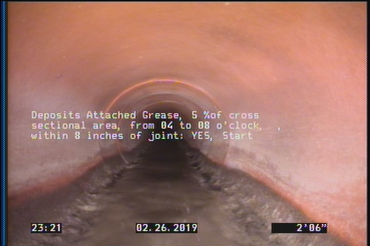 Deposits Attached Grease, 5 %of cross sectional area, from 04 to 08 o'clock, , within 8 inches of joint: YES, Start