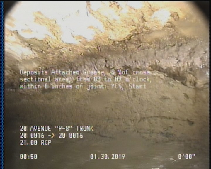 Deposits Attached Grease, 5 %of cross sectional area, from 03 to 09 o'clock, , within 8 inches of joint: YES, Start
