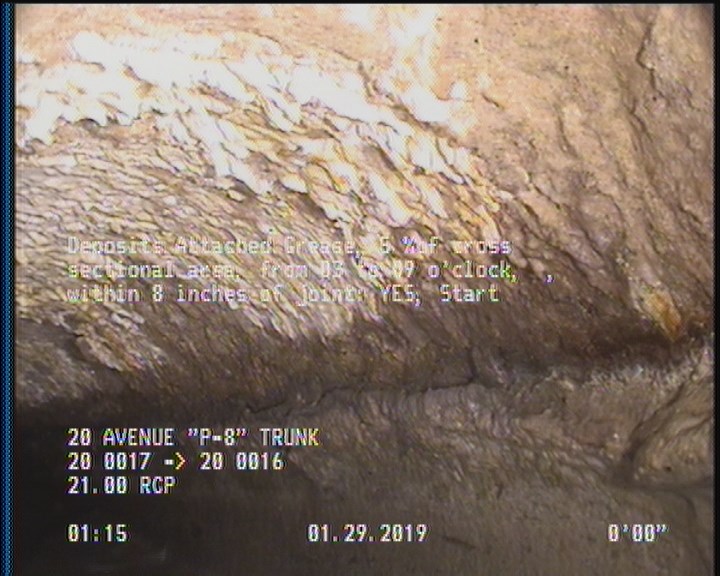 Deposits Attached Grease, 5 %of cross sectional area, from 03 to 09 o'clock, , within 8 inches of joint: YES, Start