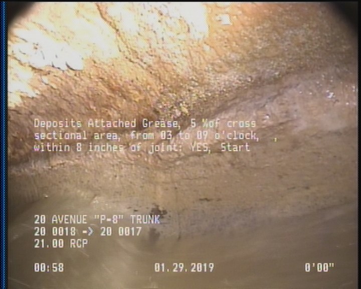 Deposits Attached Grease, 5 %of cross sectional area, from 03 to 09 o'clock, , within 8 inches of joint: YES, Start