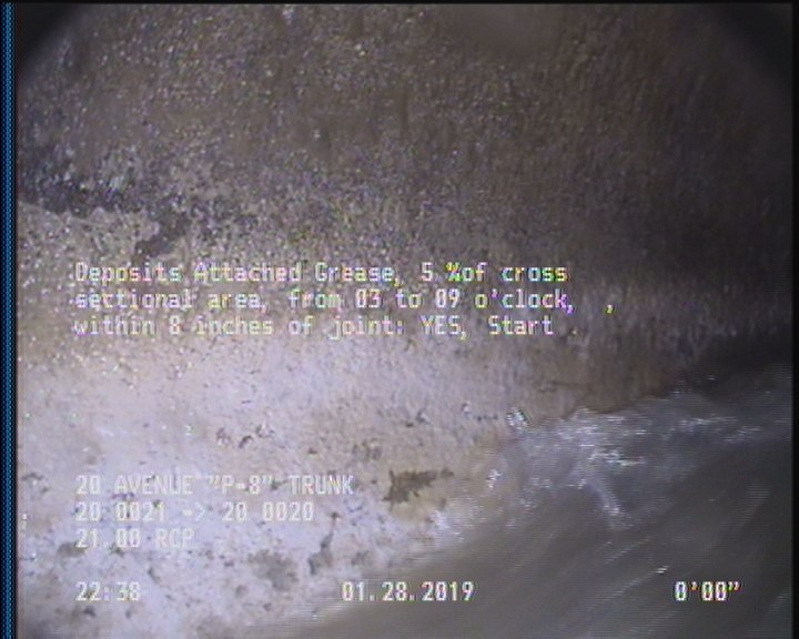 Deposits Attached Grease, 5 %of cross sectional area, from 03 to 09 o'clock, , within 8 inches of joint: YES, Start