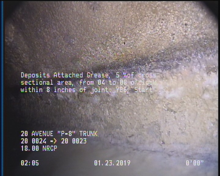 Deposits Attached Grease, 5 %of cross sectional area, from 04 to 08 o'clock, , within 8 inches of joint: YES, Start