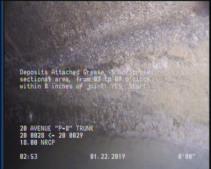 Deposits Attached Grease, 5 %of cross sectional area, from 03 to 09 o'clock, , within 8 inches of joint: YES, Start