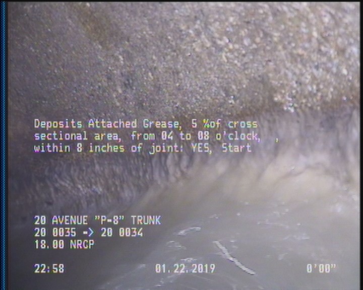 Deposits Attached Grease, 5 %of cross sectional area, from 04 to 08 o'clock, , within 8 inches of joint: YES, Start