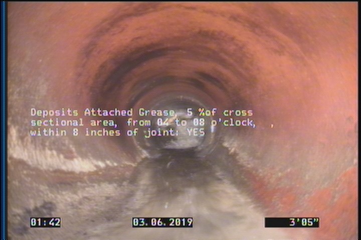 Deposits Attached Grease, 5 %of cross sectional area, from 04 to 08 o'clock, , within 8 inches of joint: YES