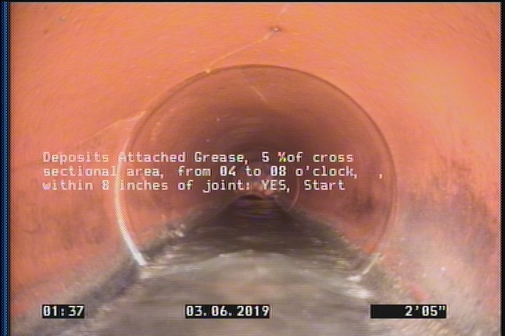 Deposits Attached Grease, 5 %of cross sectional area, from 04 to 08 o'clock, , within 8 inches of joint: YES, Start