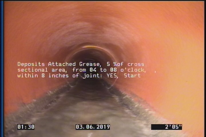 Deposits Attached Grease, 5 %of cross sectional area, from 04 to 08 o'clock, , within 8 inches of joint: YES, Start