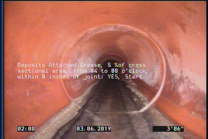 Deposits Attached Grease, 5 %of cross sectional area, from 04 to 08 o'clock, , within 8 inches of joint: YES, Start