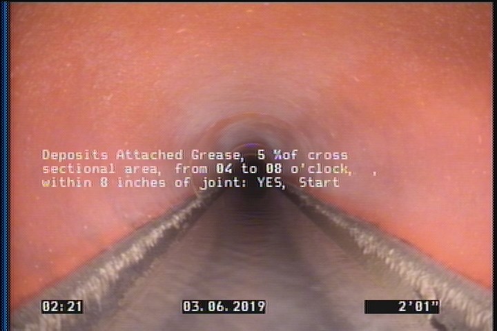 Deposits Attached Grease, 5 %of cross sectional area, from 04 to 08 o'clock, , within 8 inches of joint: YES, Start