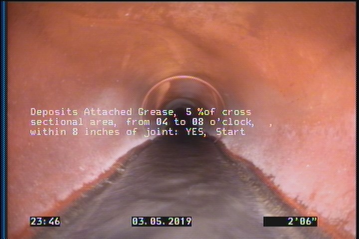 Deposits Attached Grease, 5 %of cross sectional area, from 04 to 08 o'clock, , within 8 inches of joint: YES, Start