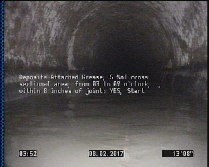 Deposits Attached Grease, 5 %of cross sectional area, from 03 to 09 o'clock, , within 8 inches of joint: YES, Start