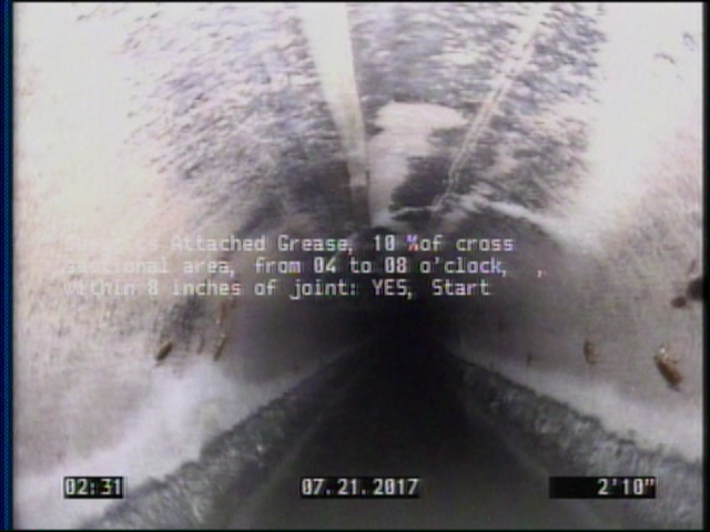 Deposits Attached Grease, 10 %of cross sectional area, from 04 to 08 o'clock, , within 8 inches of joint: YES, Start