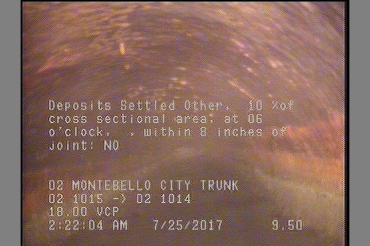 Deposits Settled Other, 10 %of cross sectional area, at 06 o'clock, , within 8 inches of joint: NO
