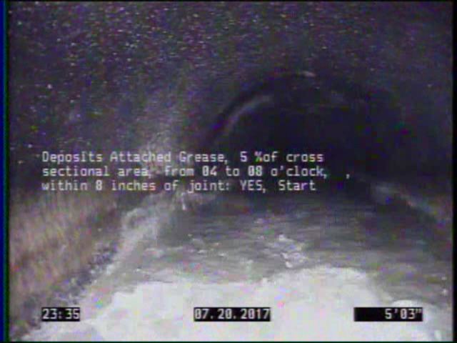 Deposits Attached Grease, 5 %of cross sectional area, from 04 to 08 o'clock, , within 8 inches of joint: YES, Start
