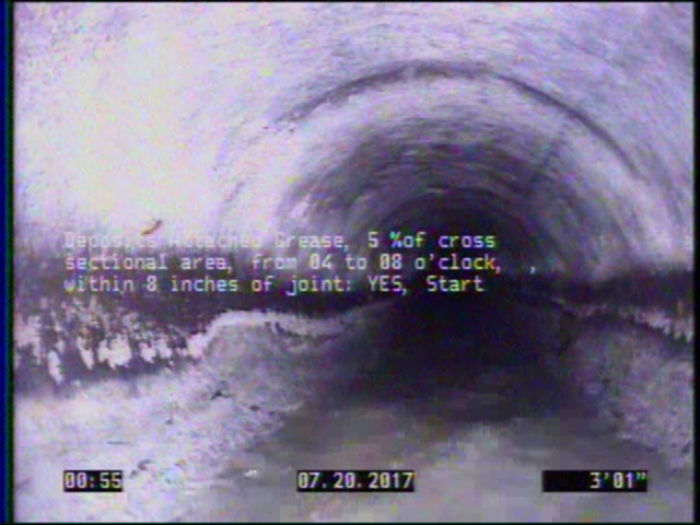 Deposits Attached Grease, 5 %of cross sectional area, from 04 to 08 o'clock, , within 8 inches of joint: YES, Start