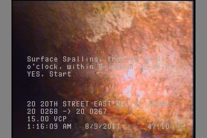 Surface Spalling, from 08 to 04 o'clock, within 8 inches of joint: YES, Start