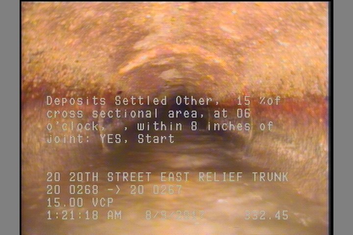 Deposits Settled Other, 15 %of cross sectional area, at 06 o'clock, , within 8 inches of joint: YES, Start