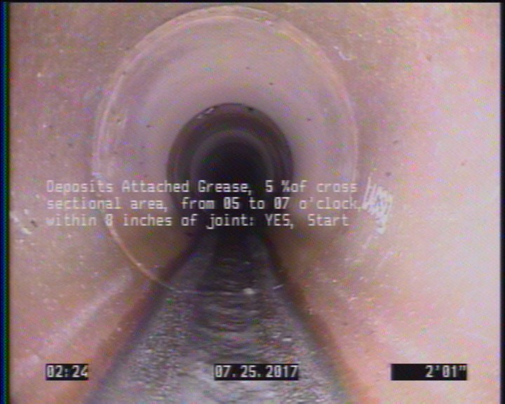Deposits Attached Grease, 5 %of cross sectional area, from 05 to 07 o'clock, , within 8 inches of joint: YES, Start