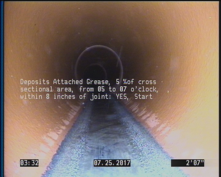 Deposits Attached Grease, 5 %of cross sectional area, from 05 to 07 o'clock, , within 8 inches of joint: YES, Start