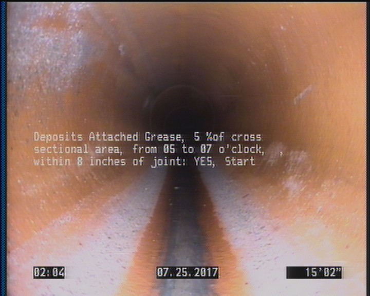 Deposits Attached Grease, 5 %of cross sectional area, from 05 to 07 o'clock, , within 8 inches of joint: YES, Start