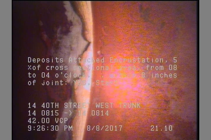 Deposits Attached Encrustation, 5 %of cross sectional area, from 08 to 04 o'clock, , within 8 inches of joint: YES, Start