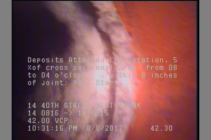 Deposits Attached Encrustation, 5 %of cross sectional area, from 08 to 04 o'clock, , within 8 inches of joint: YES, Start