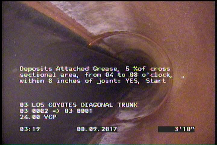Deposits Attached Grease, 5 %of cross sectional area, from 04 to 08 o'clock, , within 8 inches of joint: YES, Start