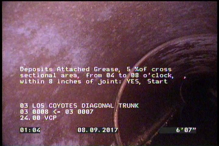 Deposits Attached Grease, 5 %of cross sectional area, from 04 to 08 o'clock, , within 8 inches of joint: YES, Start
