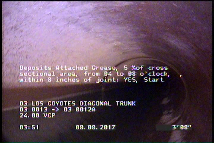 Deposits Attached Grease, 5 %of cross sectional area, from 04 to 08 o'clock, , within 8 inches of joint: YES, Start