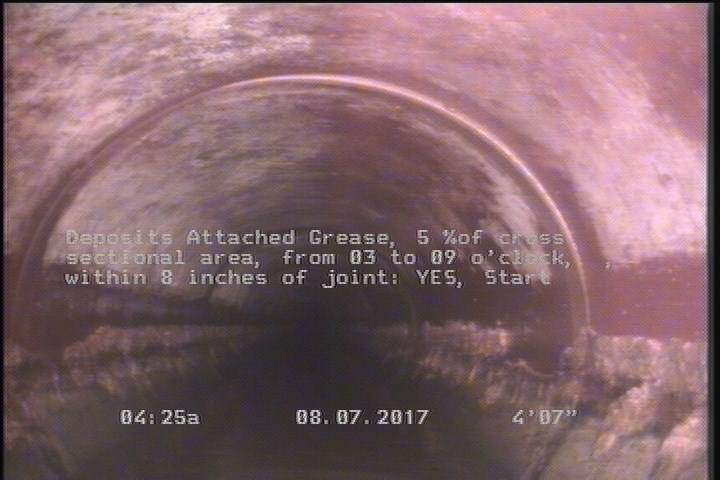 Deposits Attached Grease, 5 %of cross sectional area, from 03 to 09 o'clock, , within 8 inches of joint: YES, Start