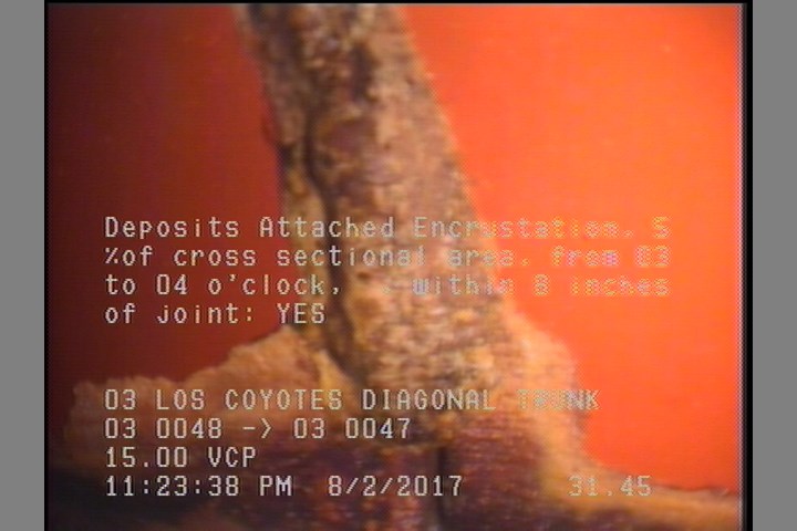 Deposits Attached Encrustation, 5 %of cross sectional area, from 03 to 04 o'clock, , within 8 inches of joint: YES