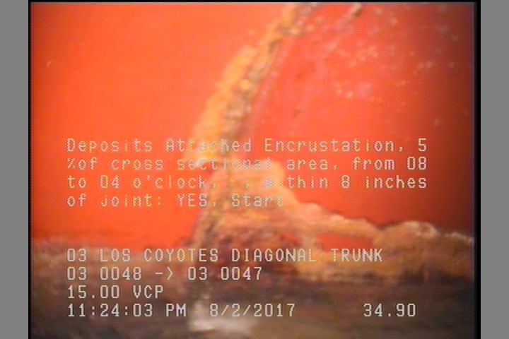 Deposits Attached Encrustation, 5 %of cross sectional area, from 08 to 04 o'clock, , within 8 inches of joint: YES, Start