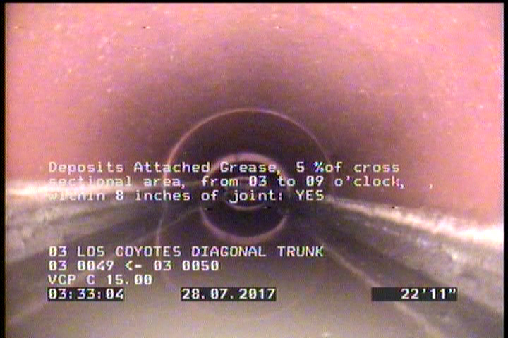 Deposits Attached Grease, 5 %of cross sectional area, from 03 to 09 o'clock, , within 8 inches of joint: YES