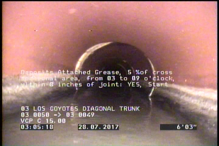 Deposits Attached Grease, 5 %of cross sectional area, from 03 to 09 o'clock, , within 8 inches of joint: YES, Start