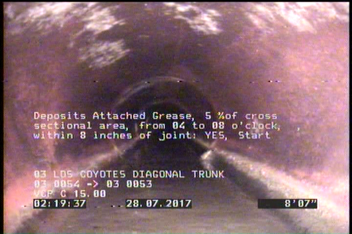 Deposits Attached Grease, 5 %of cross sectional area, from 04 to 08 o'clock, , within 8 inches of joint: YES, Start