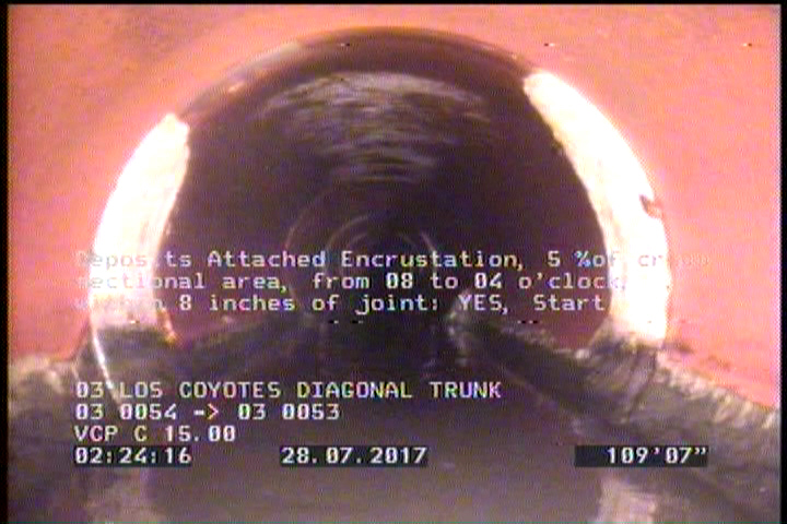 Deposits Attached Encrustation, 5 %of cross sectional area, from 08 to 04 o'clock, , within 8 inches of joint: YES, Start