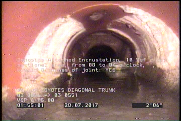 Deposits Attached Encrustation, 10 %of cross sectional area, from 08 to 04 o'clock, , within 8 inches of joint: YES