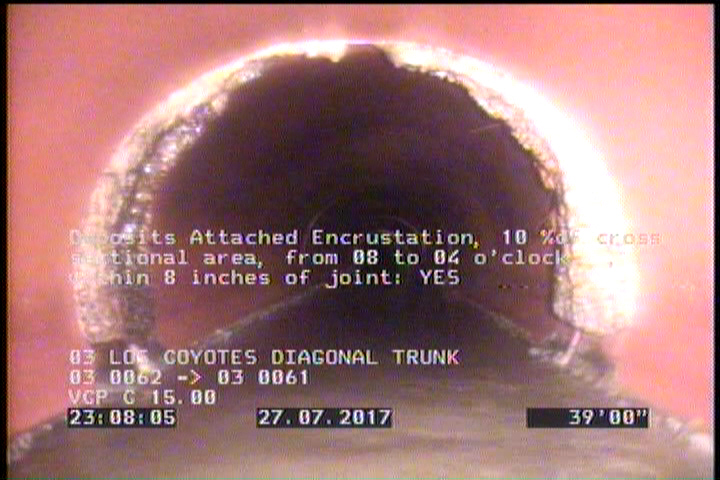 Deposits Attached Encrustation, 10 %of cross sectional area, from 08 to 04 o'clock, , within 8 inches of joint: YES