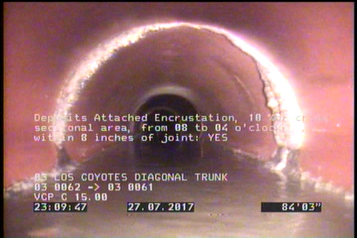 Deposits Attached Encrustation, 10 %of cross sectional area, from 08 to 04 o'clock, , within 8 inches of joint: YES